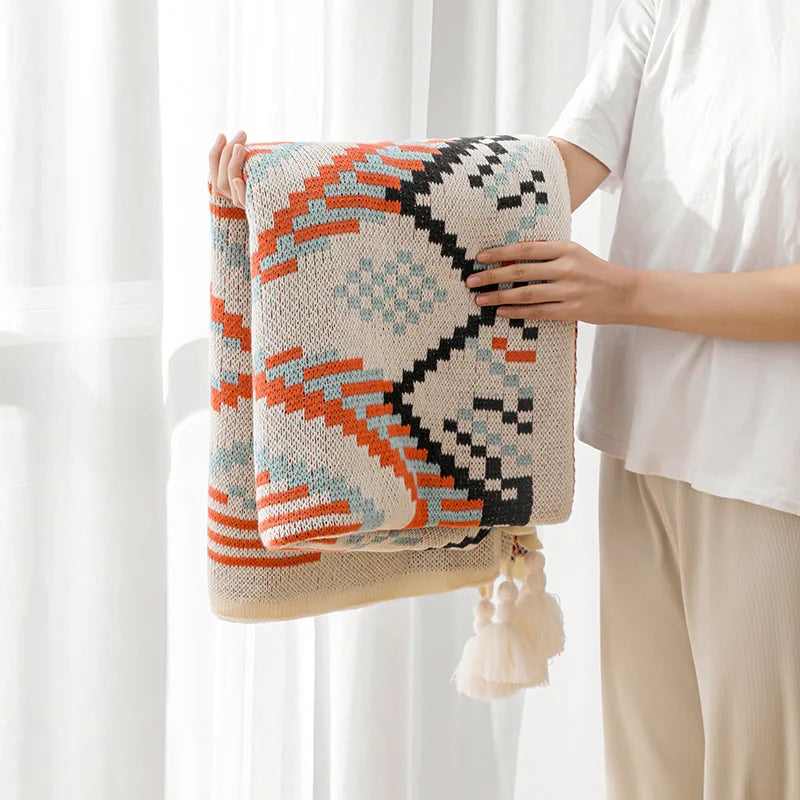 Cozy Bohemian Aztec Pattern Knit Throw Blanket