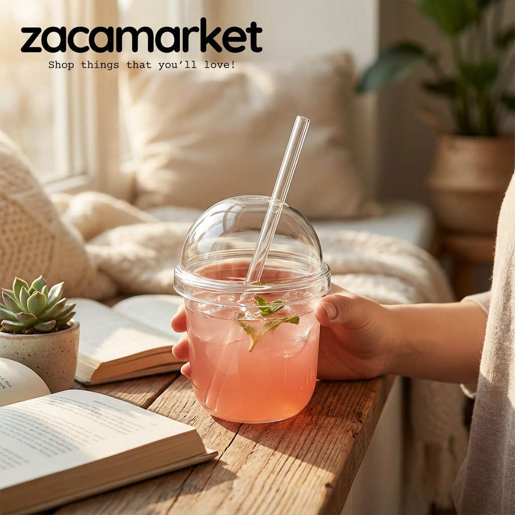 Heat-Resistant Glass Cup with Dome Lid & Straw