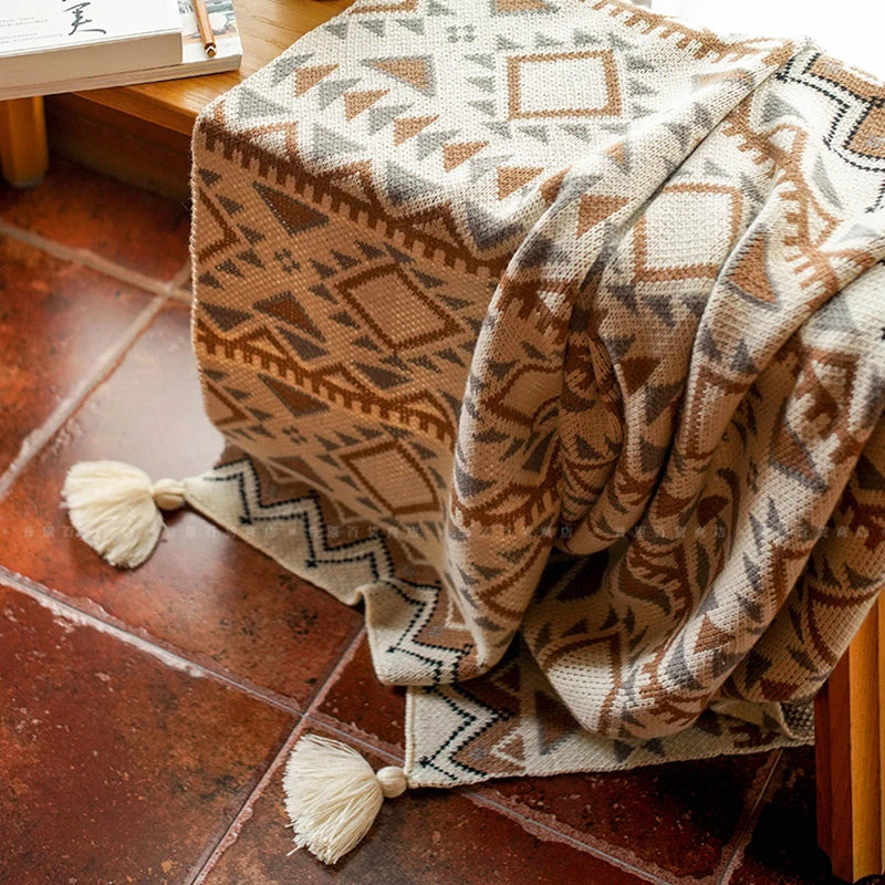Cozy Bohemian Aztec Pattern Knit Throw Blanket