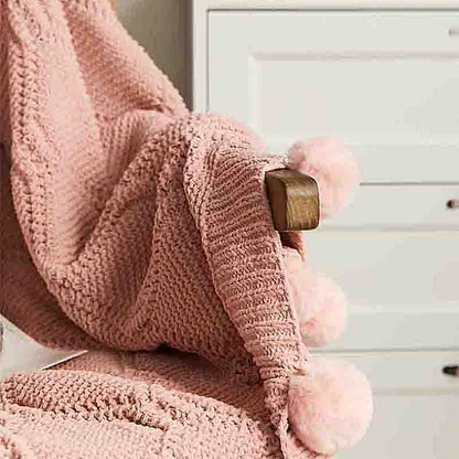 Knitted Throw Blanket with Pom Pom - Pink