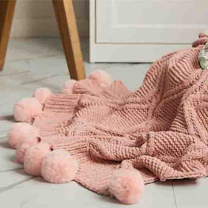 Knitted Throw Blanket with Pom Pom - Pink