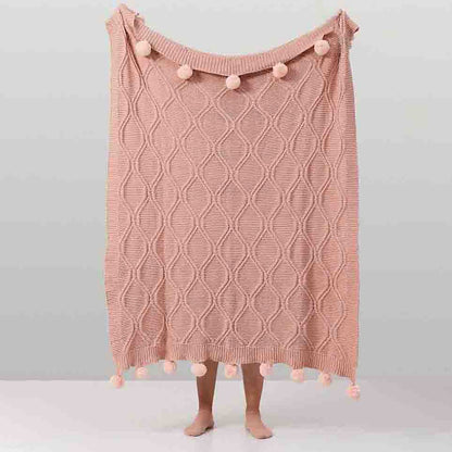 Knitted Throw Blanket with Pom Pom - Pink