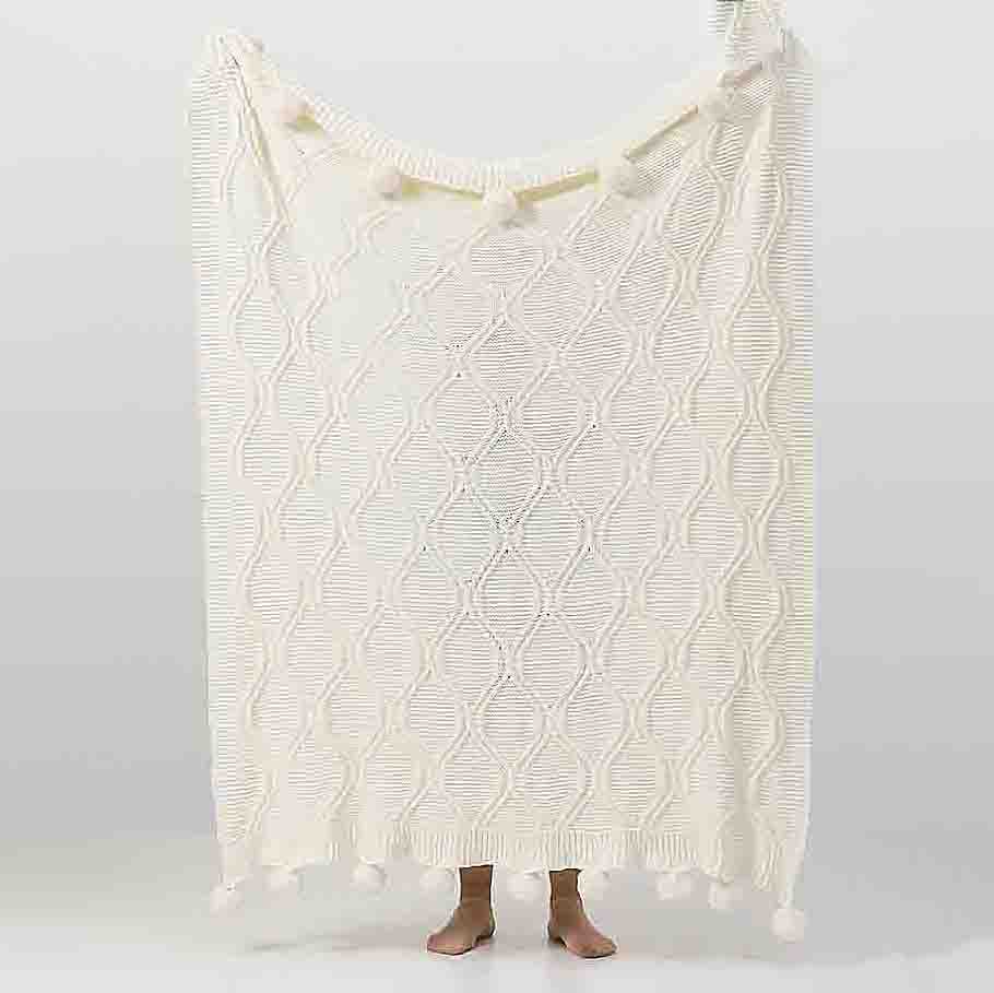 Knitted Throw Blanket with Pom Pom - Milk