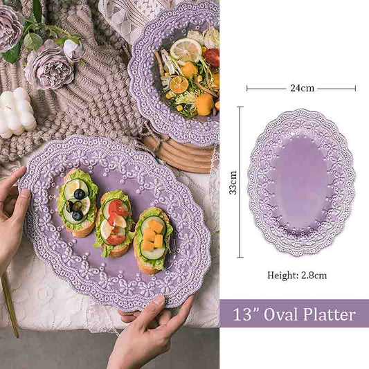 Lace Embossed Series Ceramic 13" Oval Platter - Lilac