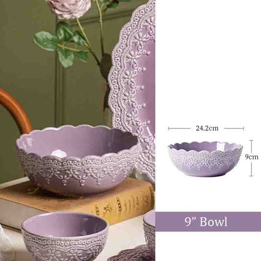 Lace Embossed Series Ceramic 9" Bowl - Lilac