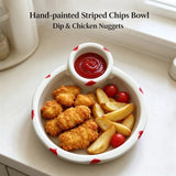 Striped ceramic fries bowl with nuggets, fries and ketchup in the dip cup