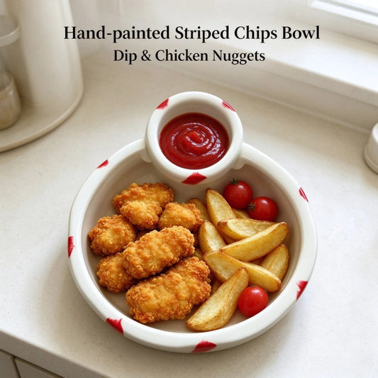Striped ceramic fries bowl with nuggets, fries and ketchup in the dip cup
