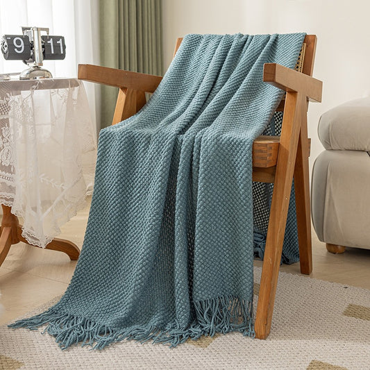 Dusty Blue textured knit throw blanket with tassels