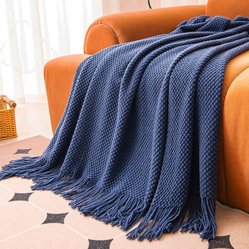 Navy textured knit throw blanket with tassels