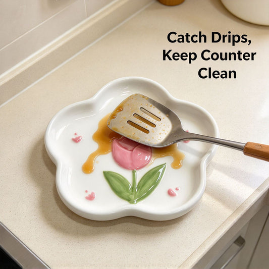 Tulip ceramic spoon rest catching drips from a spatula