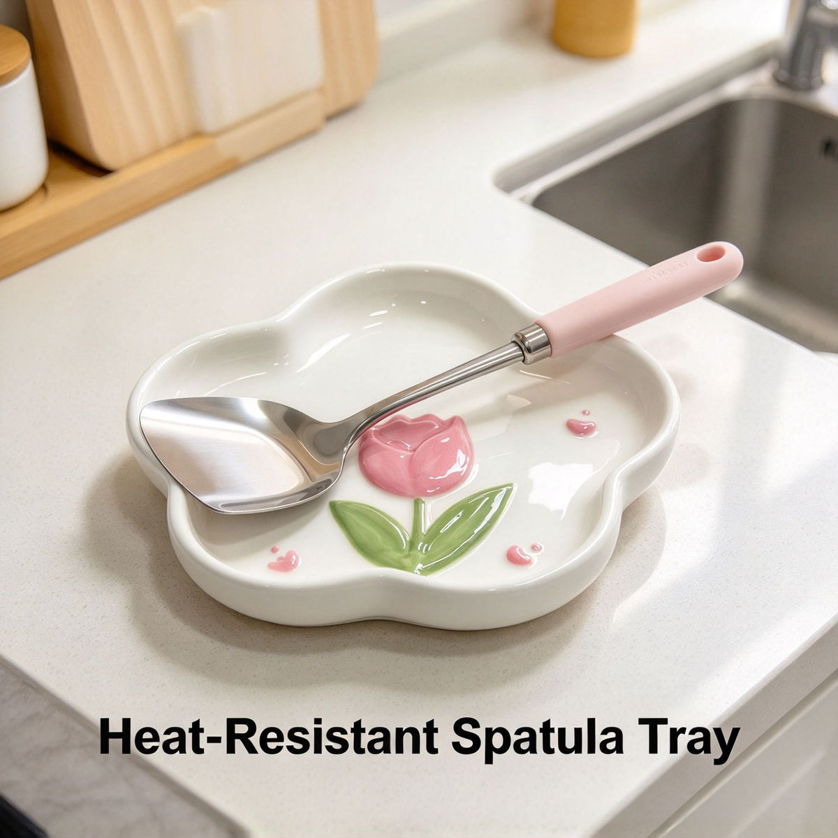 Tulip ceramic spoon rest holding a spatula