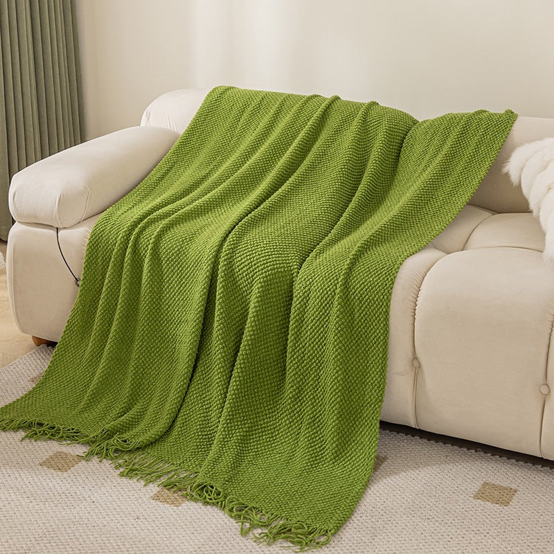 Moss Green textured knit throw blanket with tassels