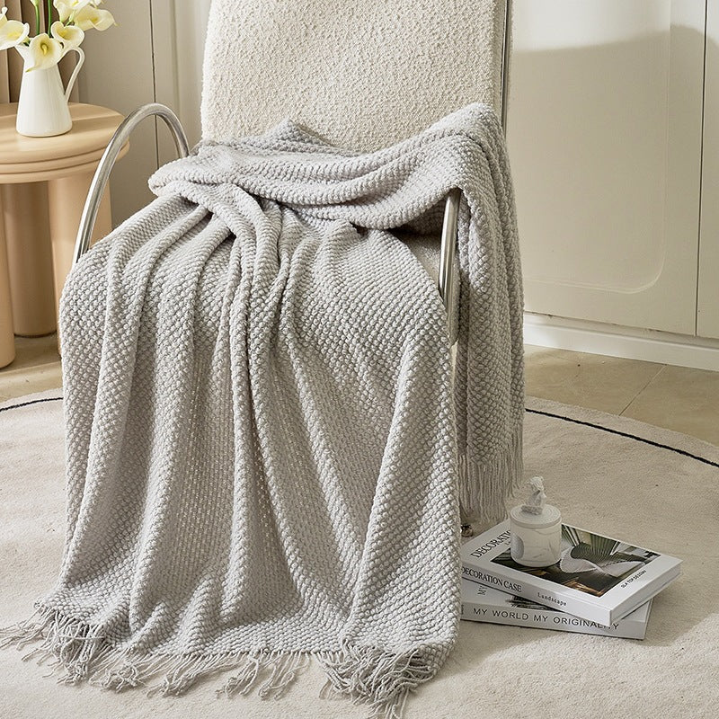 Light Grey textured knit throw blanket with tassels