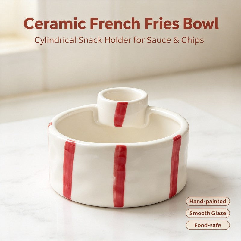 Striped ceramic fries bowl with built-in dip cup