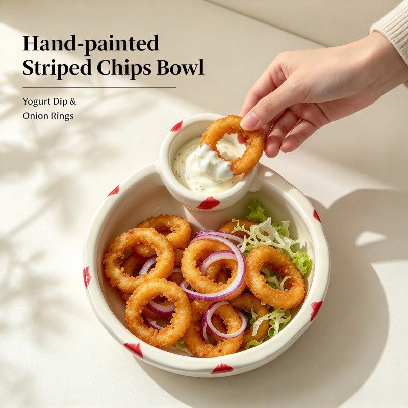 Striped ceramic fries bowl in use