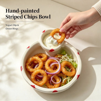 Striped ceramic fries bowl in use