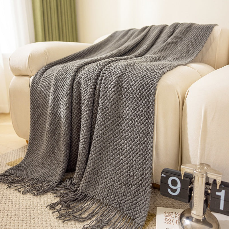 Charcoal textured knit throw blanket with tassels
