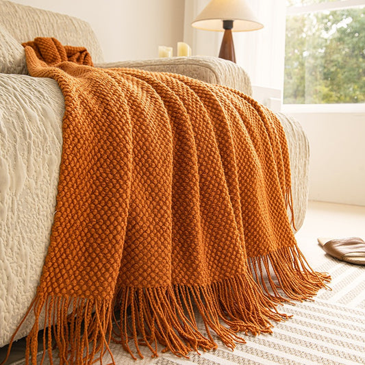 Caramel textured knit throw blanket with tassels