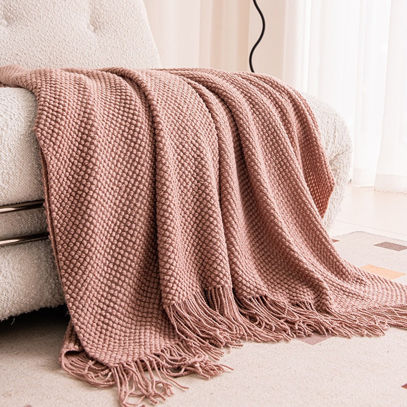 Dusty Pink textured knit throw blanket with tassels