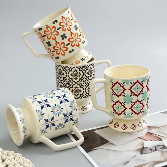 Vintage tile footed ceramic mugs in four designs
