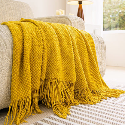 Mustard textured knit throw blanket with tassels