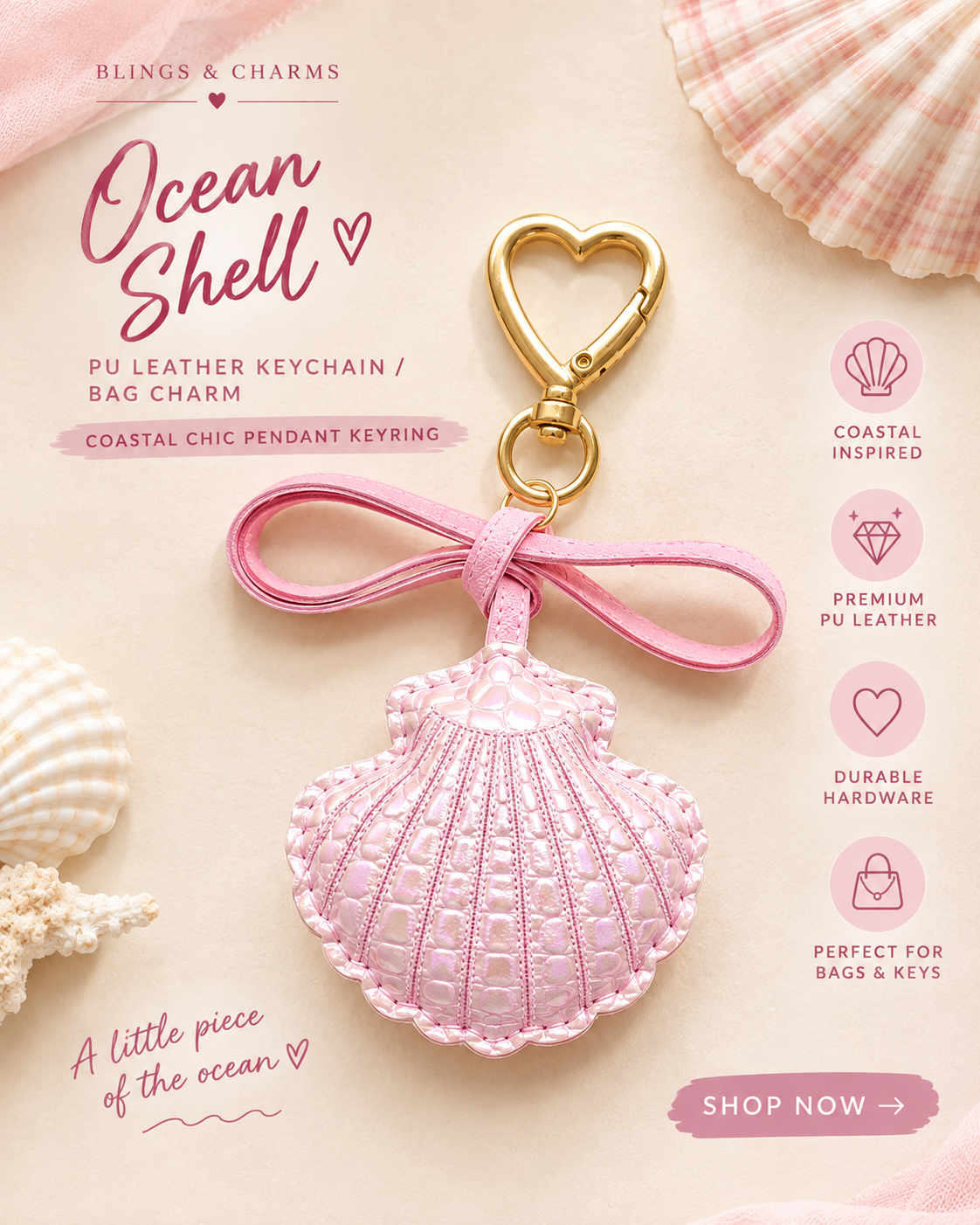 Ocean Shell PU Leather Keychain & Bag Charm | Coastal Chic Pendant Keyring