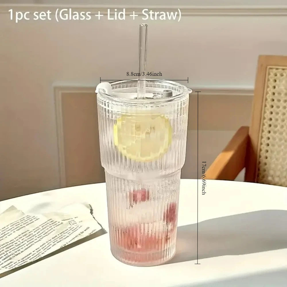 Stripe Glass Cups with Lid and Glass Straw, 600ml