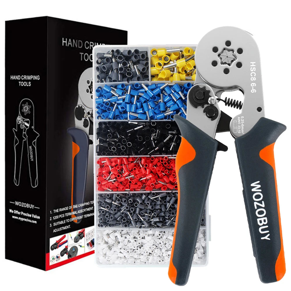 WOZOBUY Ferrule Crimping Tool Kit – Adjustable Ratchet Wire Crimper with Ferrule Terminals (23–10 AWG / 0.25–6mm²)