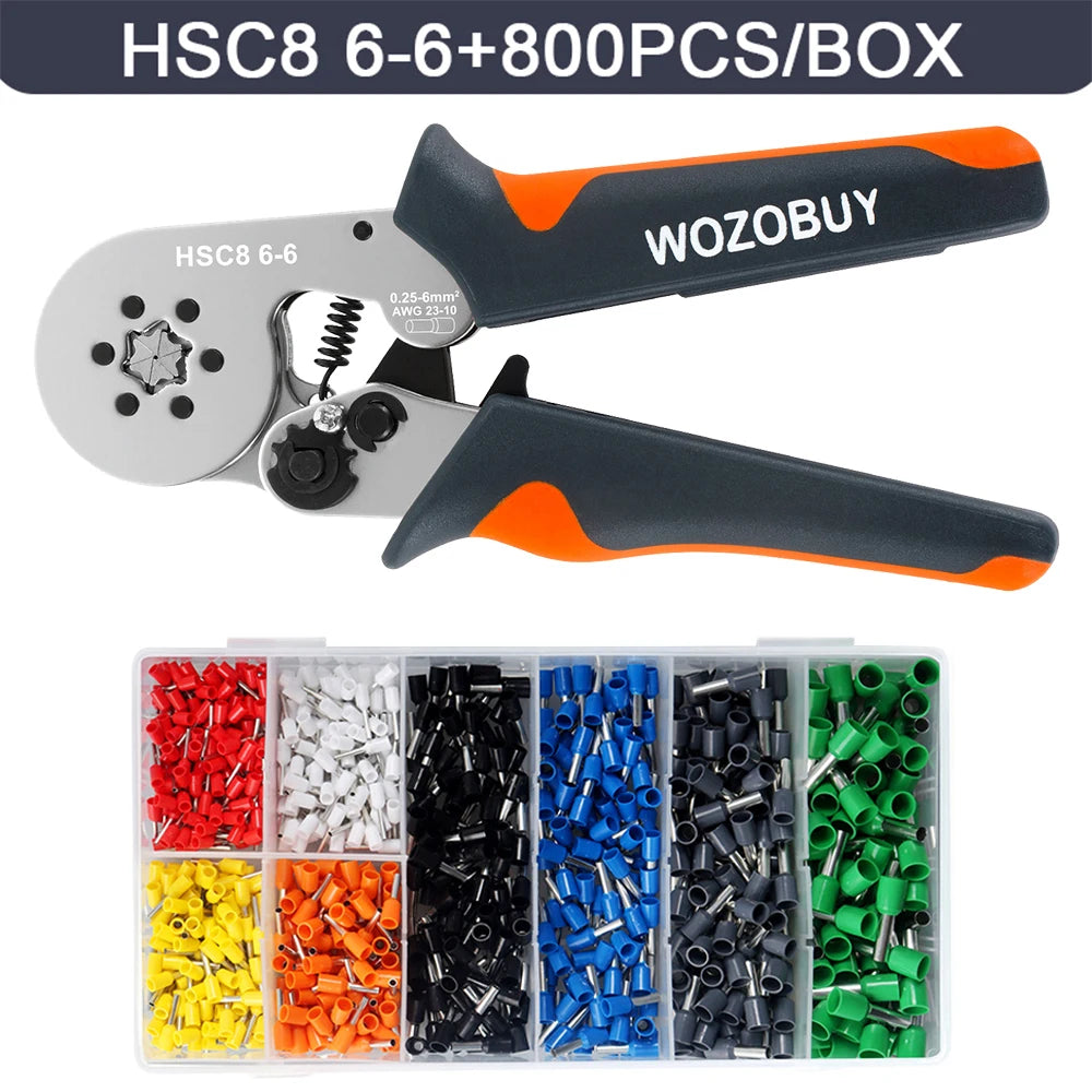 WOZOBUY Ferrule Crimping Tool Kit – Adjustable Ratchet Wire Crimper with Ferrule Terminals (23–10 AWG / 0.25–6mm²)