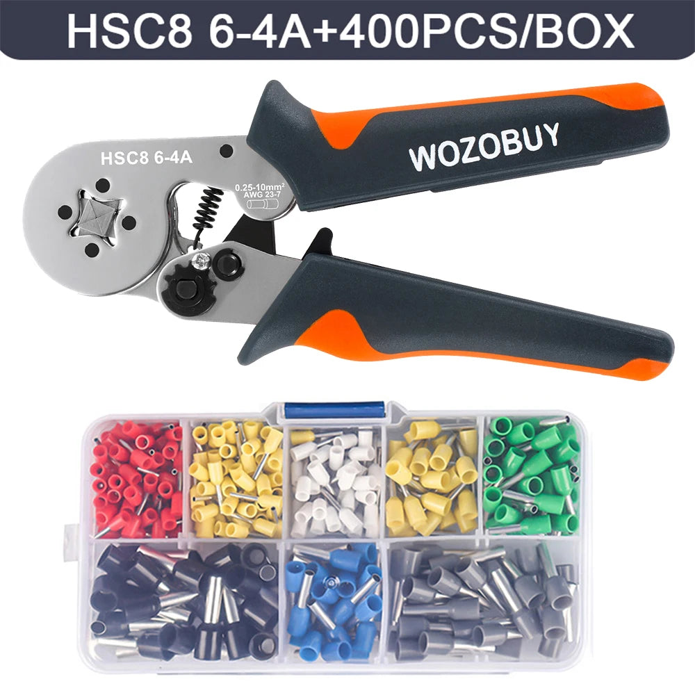 WOZOBUY Ferrule Crimping Tool Kit – Adjustable Ratchet Wire Crimper with Ferrule Terminals (23–10 AWG / 0.25–6mm²)