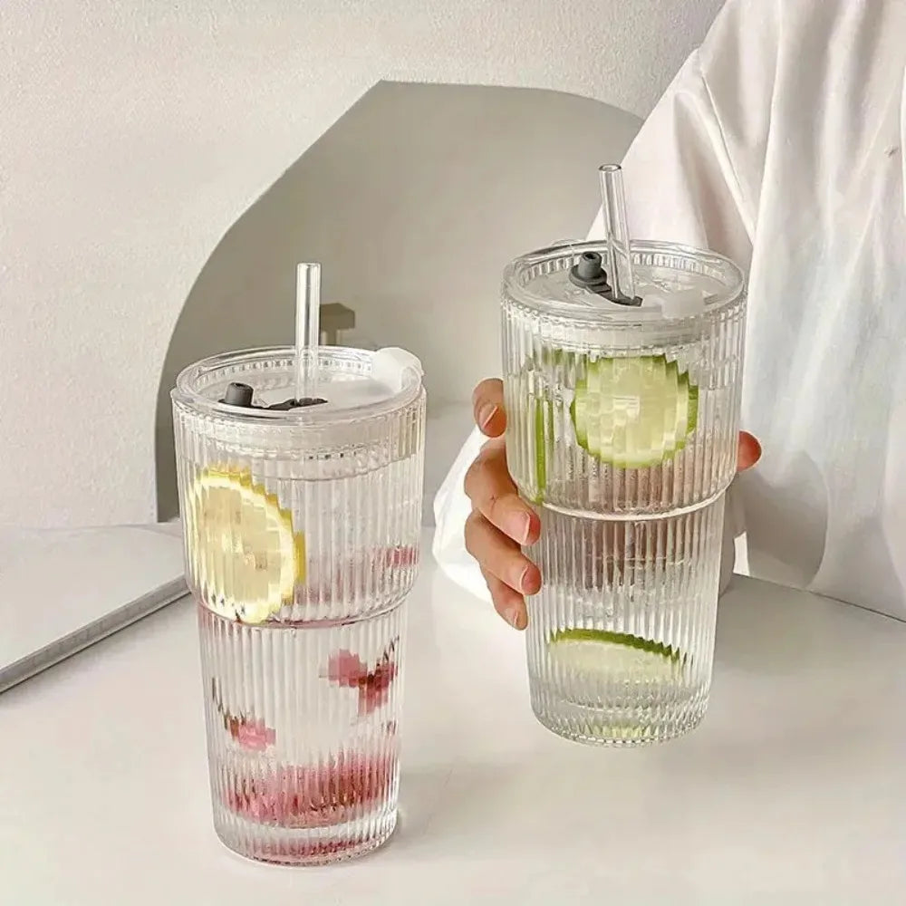 Stripe Glass Cups with Lid and Glass Straw, 600ml