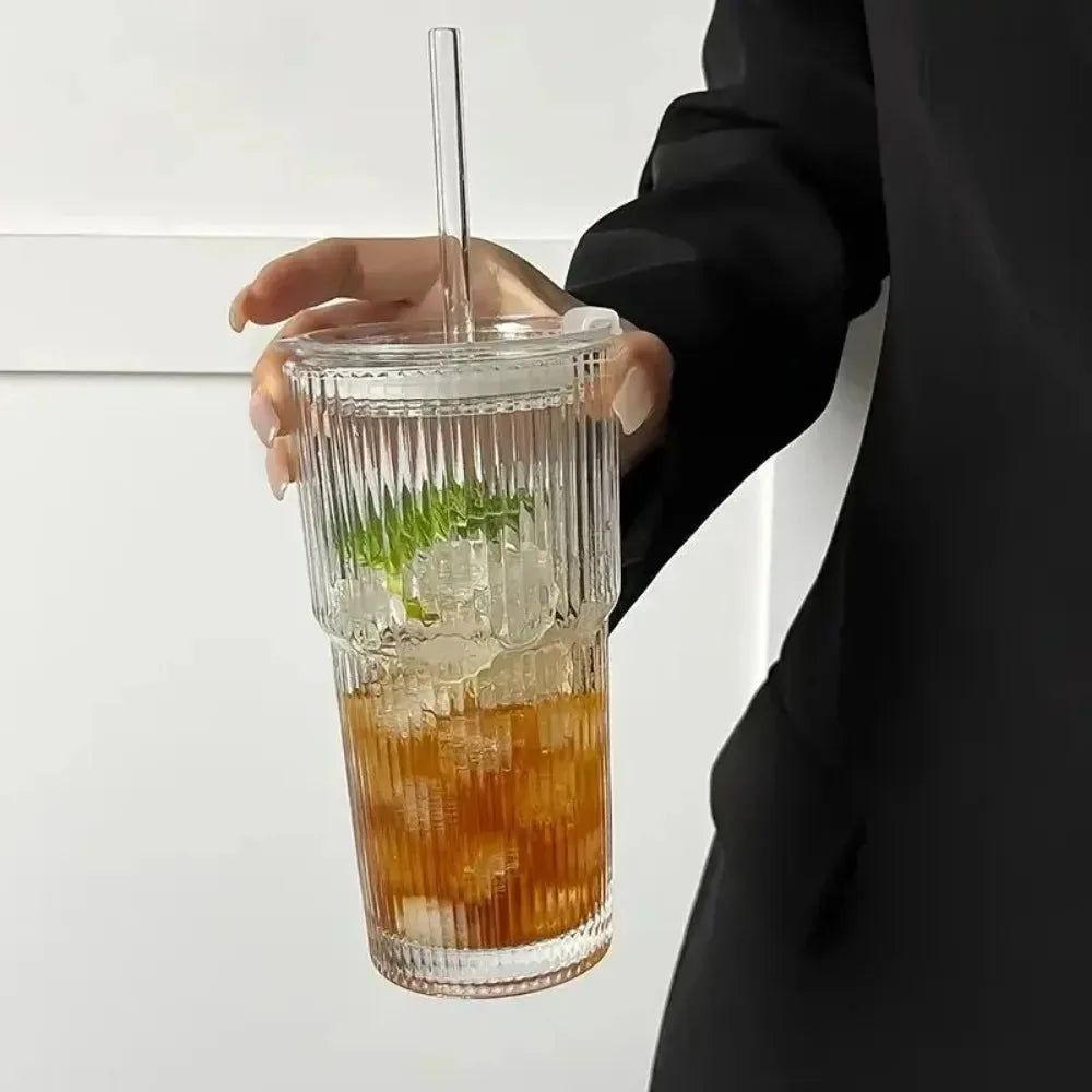 Stripe Glass Cups with Lid and Glass Straw, 600ml