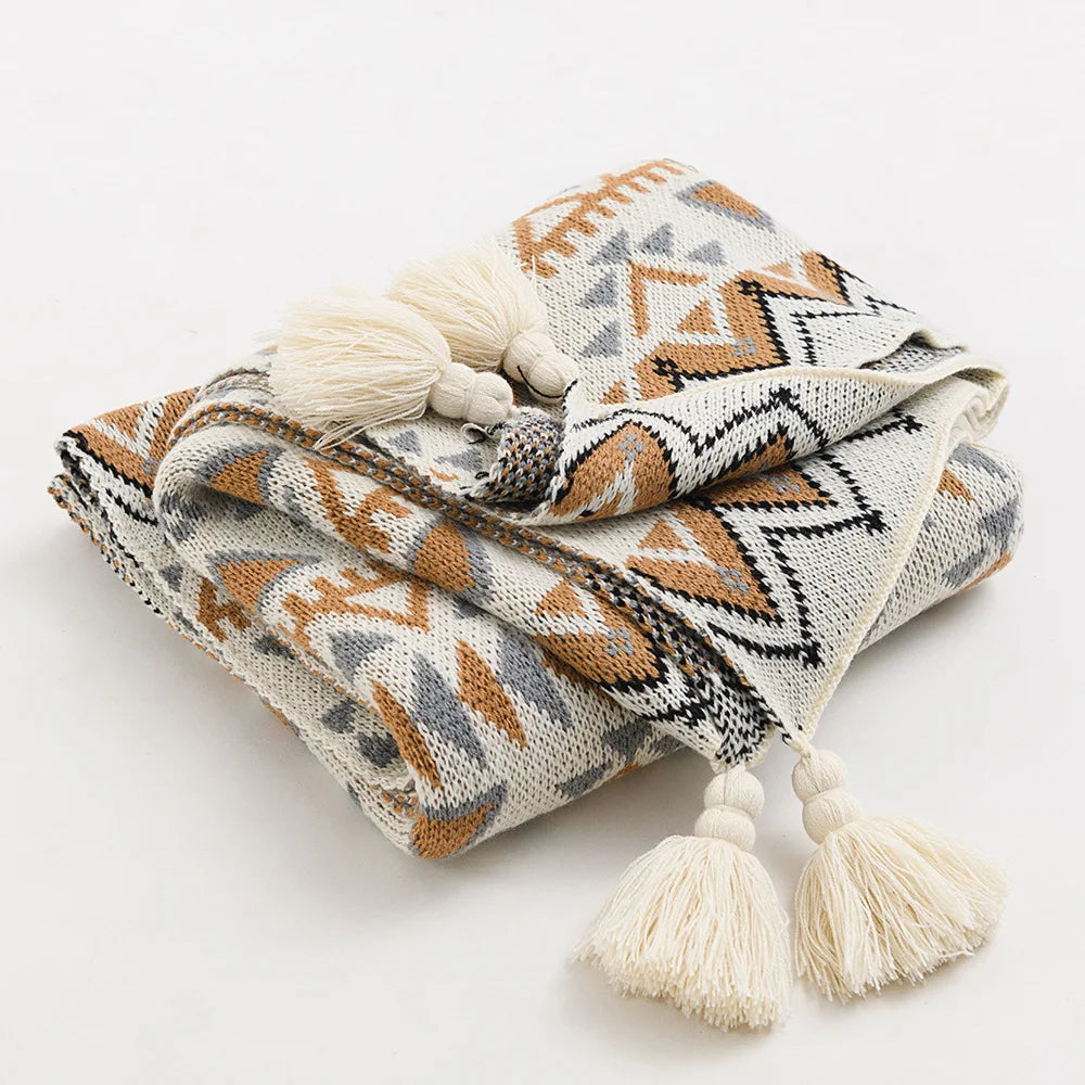 Cozy Bohemian Aztec Pattern Knit Throw Blanket