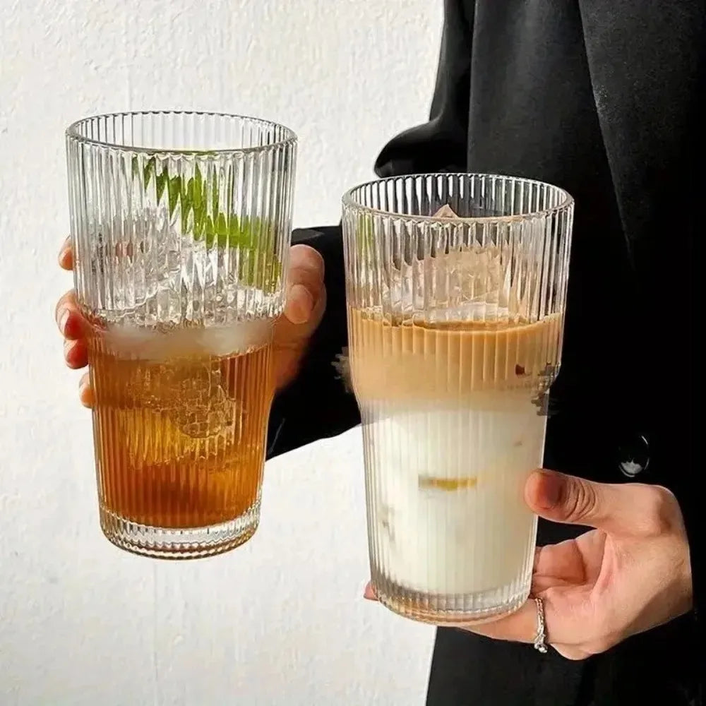 Stripe Glass Cups with Lid and Glass Straw, 600ml