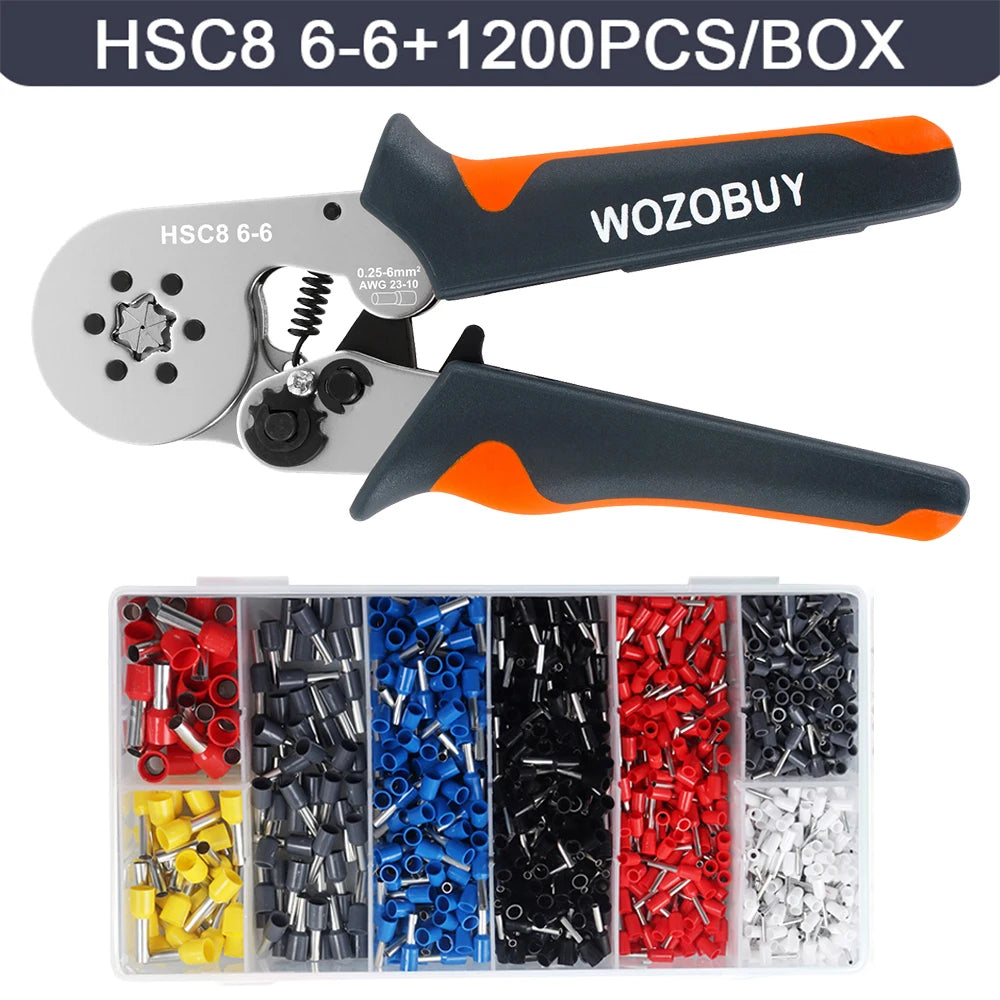 WOZOBUY Ferrule Crimping Tool Kit – Adjustable Ratchet Wire Crimper with Ferrule Terminals (23–10 AWG / 0.25–6mm²)