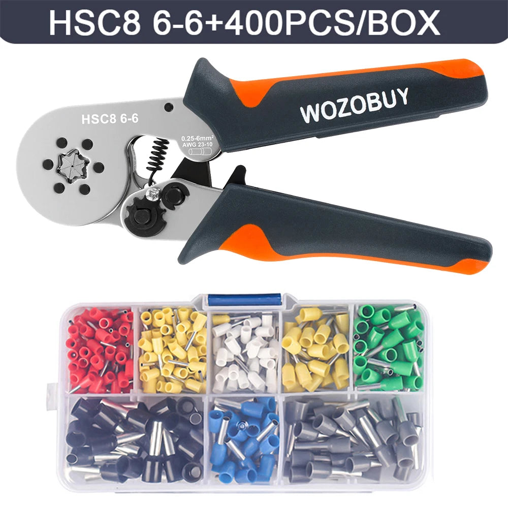 WOZOBUY Ferrule Crimping Tool Kit – Adjustable Ratchet Wire Crimper with Ferrule Terminals (23–10 AWG / 0.25–6mm²)