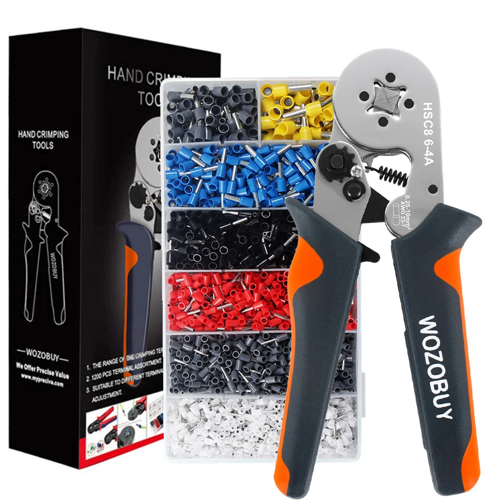 WOZOBUY Ferrule Crimping Tool Kit – Adjustable Ratchet Wire Crimper with Ferrule Terminals (23–10 AWG / 0.25–6mm²)
