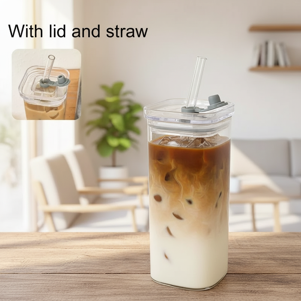 Square Glass Mug with Lid & Reusable Glass Straw