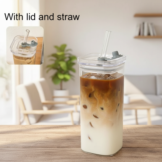 Square Glass Mug with Lid & Reusable Glass Straw