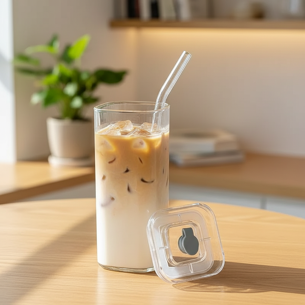 Square Glass Mug with Lid & Reusable Glass Straw