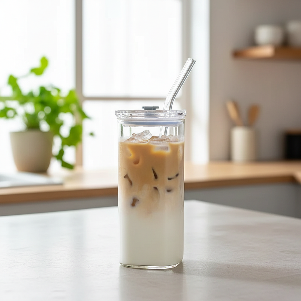 Square Glass Mug with Lid & Reusable Glass Straw