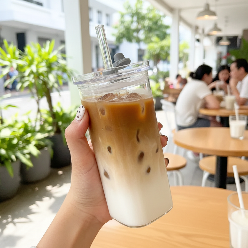 Square Glass Mug with Lid & Reusable Glass Straw