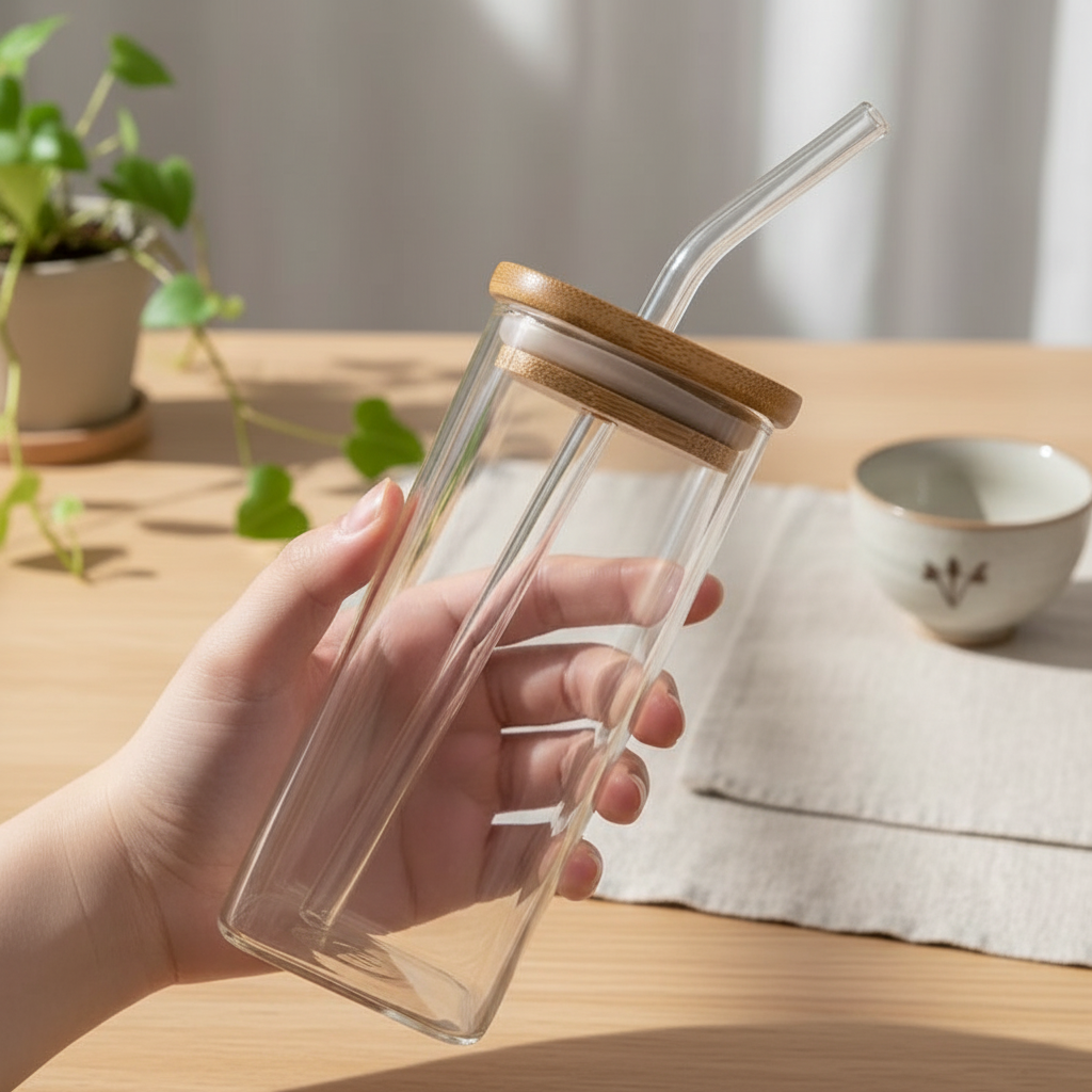 Square Glass Mug with Lid & Reusable Glass Straw