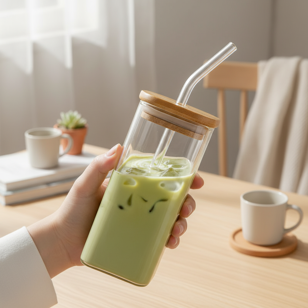 Square Glass Mug with Lid & Reusable Glass Straw