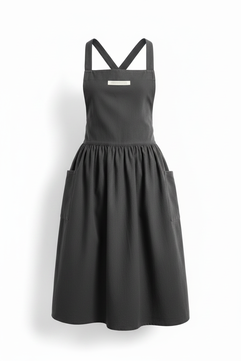 A dark gray sleeveless apron-style dress with a gathered waist, flared skirt, and crossed shoulder straps, shown on a plain white background.