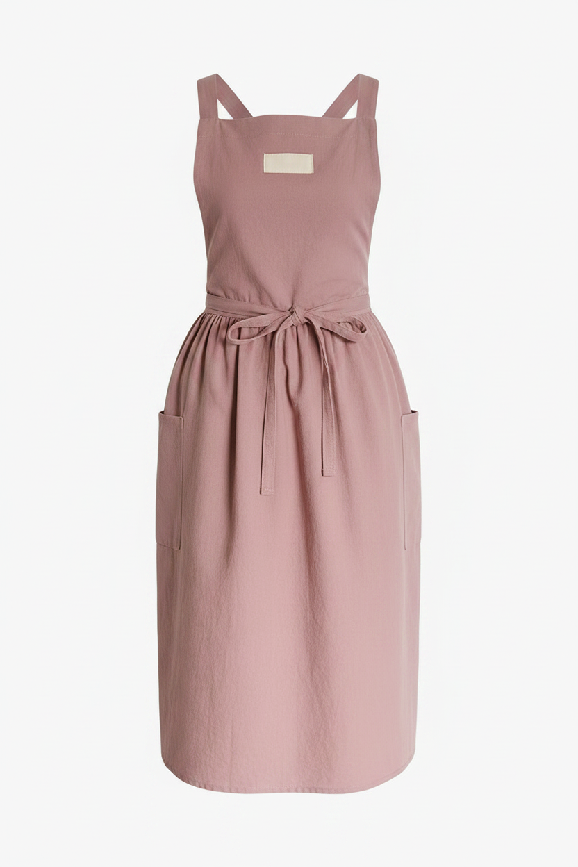 A dusty pink sleeveless apron with adjustable shoulder straps, a tie waist, and side pockets, shown against a plain white background.