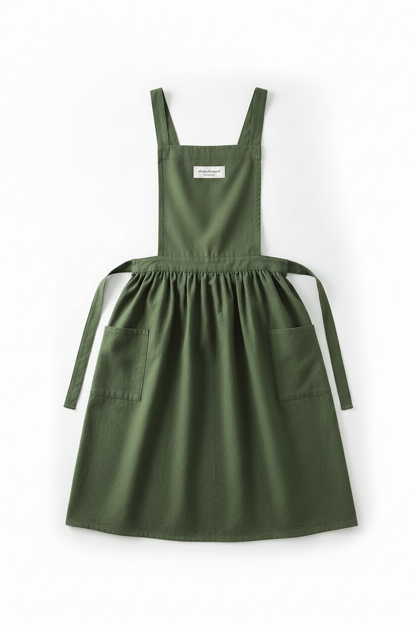 An olive green cotton apron with adjustable shoulder straps, a gathered waist, two front patch pockets, and a tie belt, shown flat on a white background.