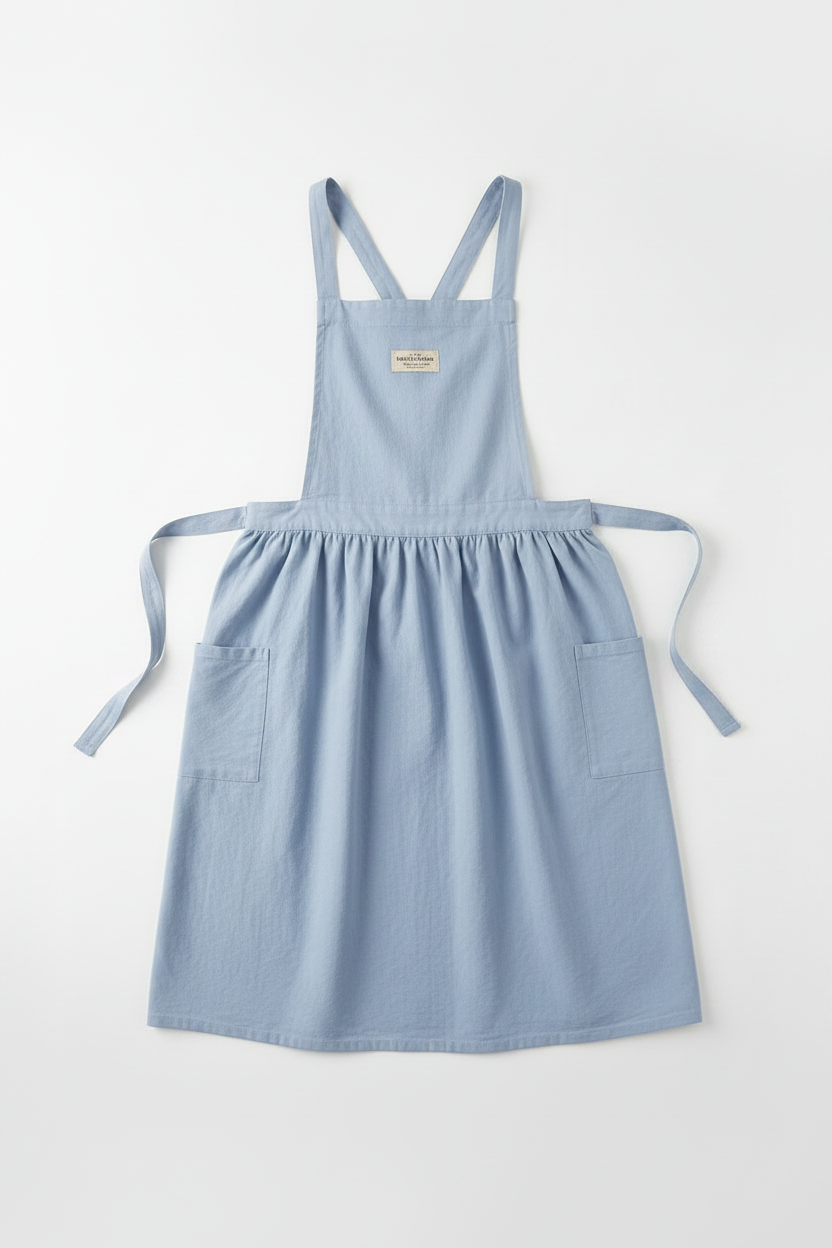 A light blue cotton bib apron with adjustable shoulder straps, a gathered waist, two front patch pockets, and a self-tie waist belt, laid flat on a light gray background.