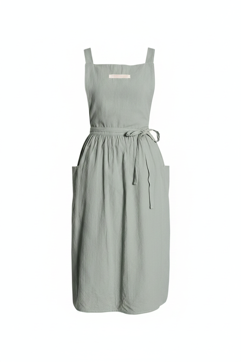 A sage green linen apron with square shoulder straps, a tie waist belt, and two front pockets, shown against a plain white background.