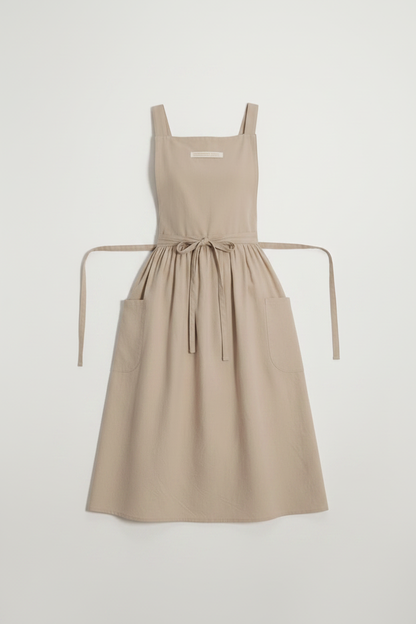 A light beige linen apron with a tie waist and front pockets, displayed flat against a light gray background.